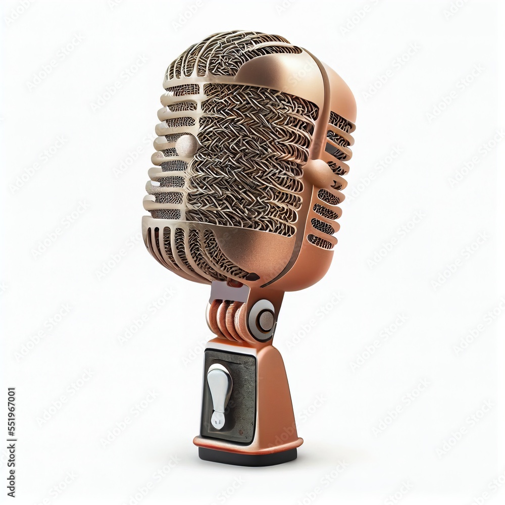 Poster a microphone with a white background and a white background with a white background and a gold micro