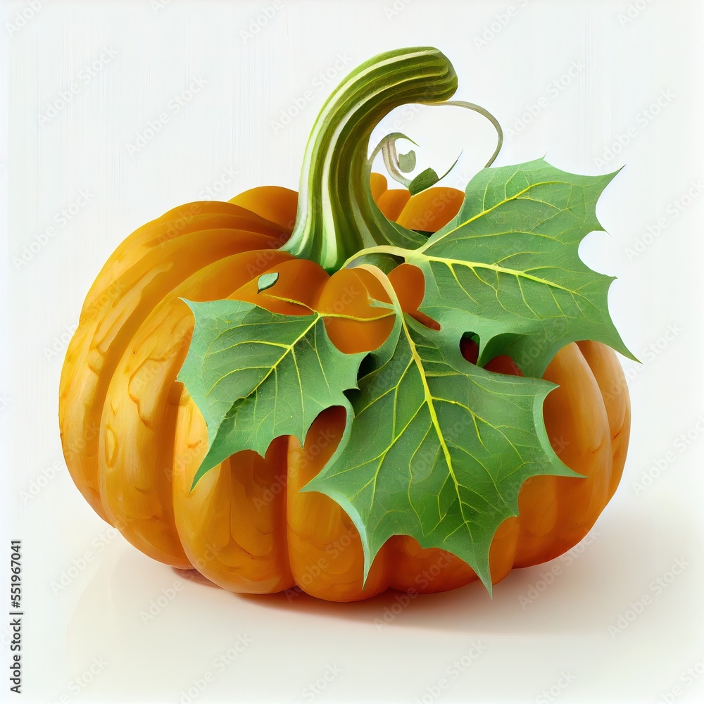 Poster a pumpkin with a green leaf on it's side and a white background with a white background behind it. g
