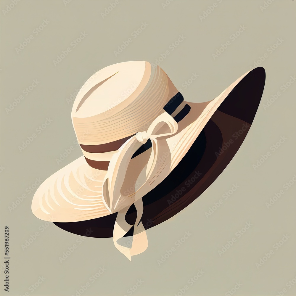 Poster a hat with a bow on it is shown in a flat style with a light gray background and a light brown backg