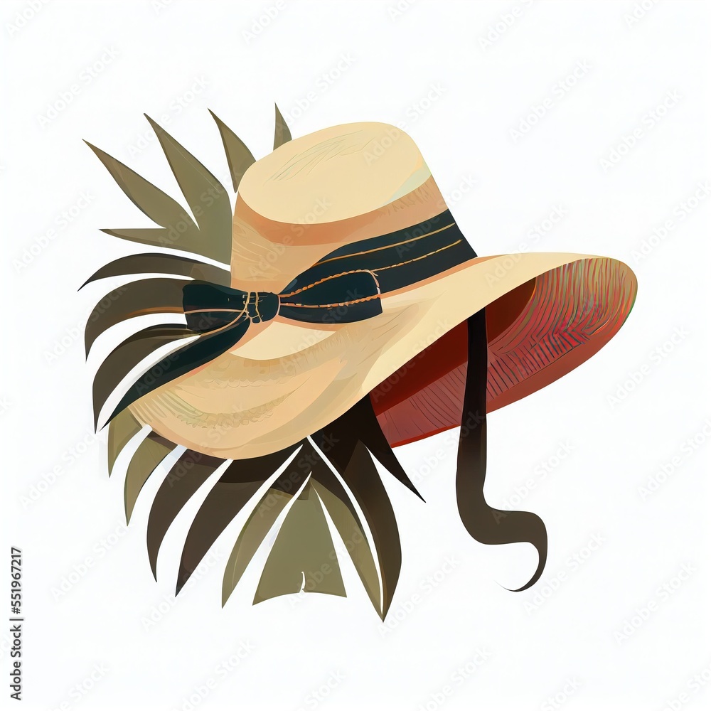 Poster a hat with a bow and a ribbon on it with a palm leaf around it and a ribbon around the brim. generat
