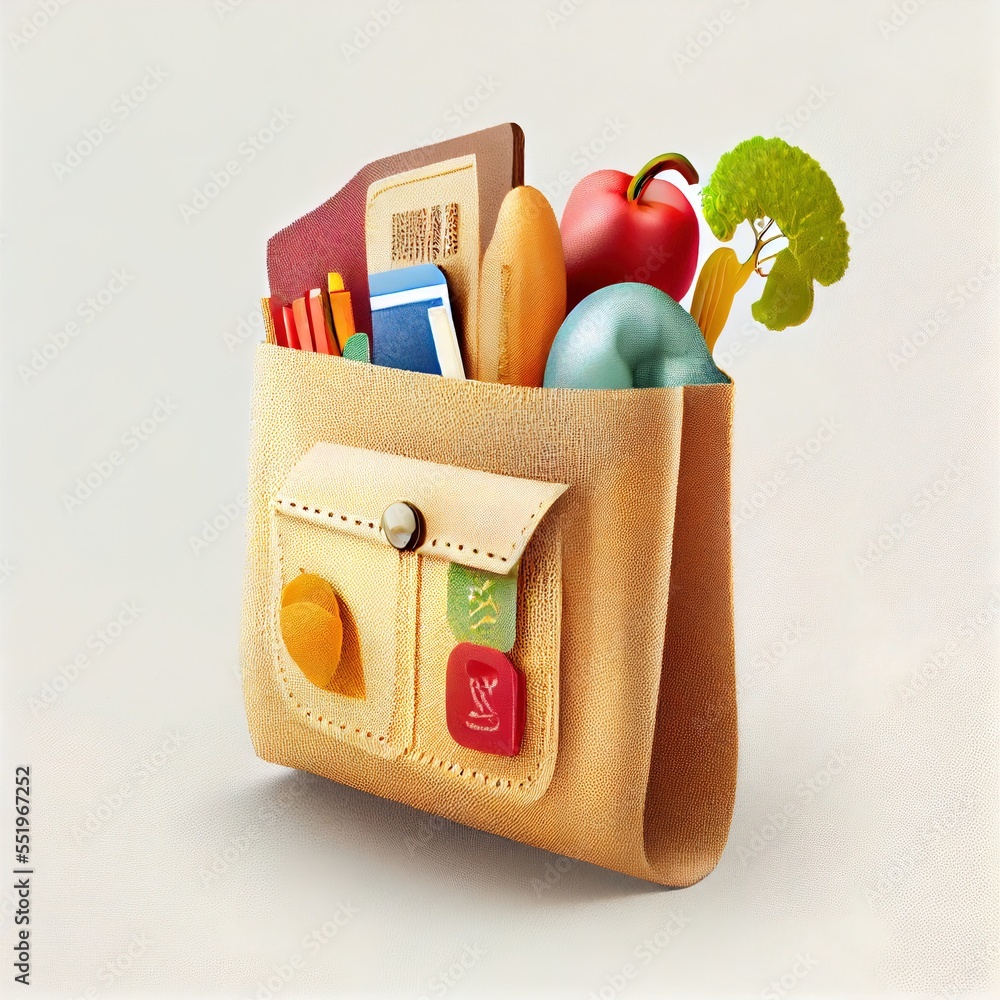 Poster a bag filled with a bunch of different items in it's pocket. generative ai