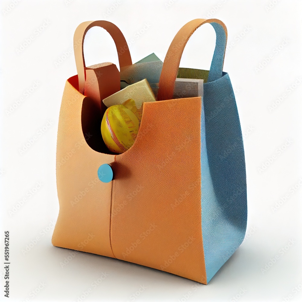 Poster a bag with a handle and a small ball inside of it. generative ai
