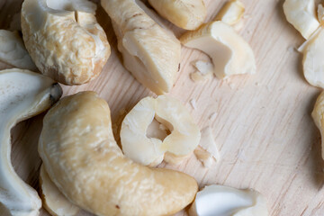 Fresh peeled cashew nuts on the table