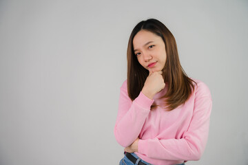 Fototapeta premium Asian girl holding laptop on white background