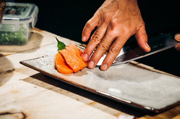 Sashimi Japanese food, Sashimi set. Salmon, wasabi, fish, shrimp,octopus, sashimi, hirame, salmon sashimi and tuna sashimi, Japanese food concept, with copy space. Dark Tone