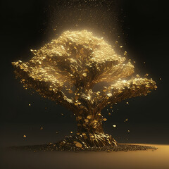 a shiny golden bonsai tree on a black background created by generative ai
