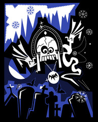 A ghost in the cemetery on a winter night. Vector illustration.