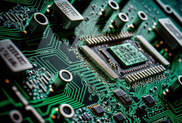 Fototapeta premium A close up of a circuit board showing many components. Generative AI