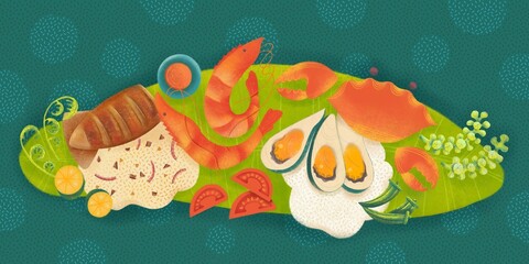 Filipino boodle fight food spread with seafood, rice, seaweed, and vegetables on banana leaves on teal confetti pattern background