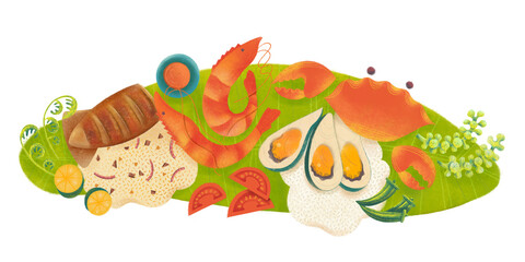 Filipino boodle fight food spread with seafood, rice, seaweed, and vegetables on banana leaves