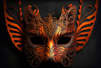 The 2022 insignia is a bright orange carnival tiger mask with a tiger butterfly on its neck. Generative AI