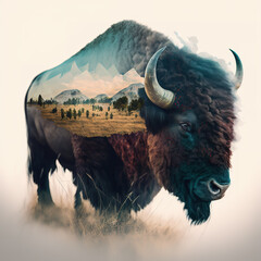 Double exposure Bison and landscape  made with Generative AI - obrazy, fototapety, plakaty