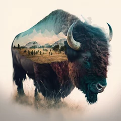 Foto op Plexiglas Double exposure Bison and landscape  made with Generative AI © IBEX.Media