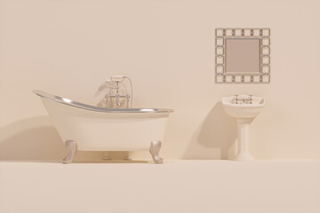 Fototapeta na wymiar Vintage bathroom interior with pastel bathtub, a gold shower and a beige wall. Concept of luxury and wealth. luxury bathroom with classic vintage bathtub and golden faucets set. 3d rendering mockup 