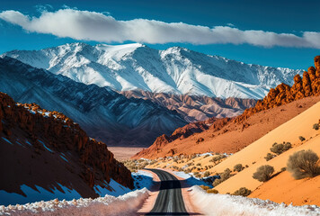 Road leading to the snow capped high Atlas Mountains. Generative AI