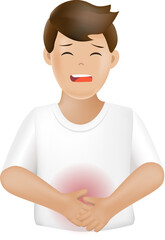 Boy holding stomach suffering from stomach pain. People character and lifestyle PNG side view.