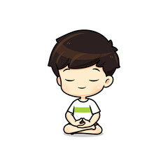 Cute boy mascot cartoon character in meditating pose