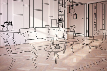 Modrne Raumadaptation mit Wandverkleidung und Inneneinrichtung (Skizze) - 3D Visualisierung