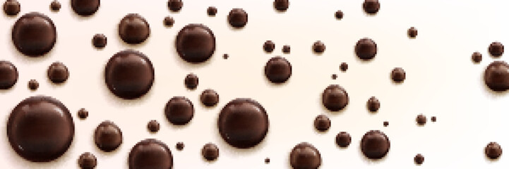 Realistic chocolate bubbles on white background. Vector illustration of seamless pattern with glossy brown blobs of different size, sweet cocoa dessert. Confectionery advertising backdrop design