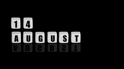 August 14th. Day 14 of month, Calendar date. White cubes with text on black background with reflection. Summer month, day of year concept