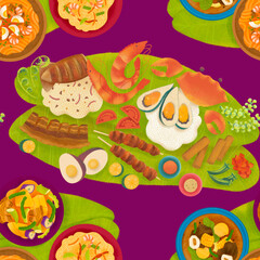 Filipino pansit, pinakbet, bulalo, and boodle fight food spread with seafood, grilled meat, rice, and vegetables on banana leaves illustrated pattern on purple background