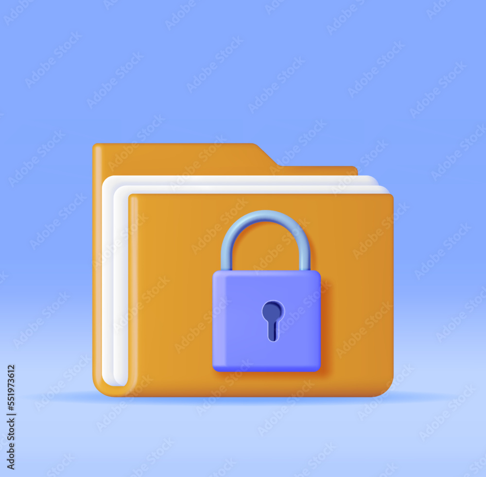 Poster 3d document folder with padlock isolated. render folder and pad lock. concept of business security, 