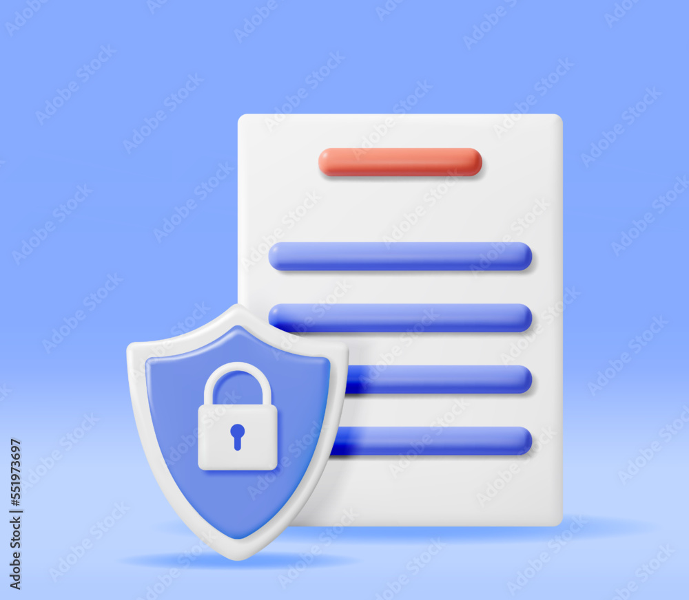 Poster 3d document with padlock in shield isolated. render paper sheet and pad lock. concept of business se