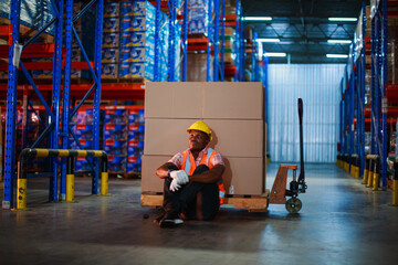 Bankruptcy or Depressed Industrial African American workers in warehouse factory. import export shipping logistics industrial transportation concept