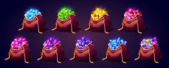 Gem stones in sacks game props icons bundle. Colorful crystals in bags, treasure, trophy, pirate loot, level reward. Fantasy assets, gui elements, mine resources, Cartoon vector illustration, set