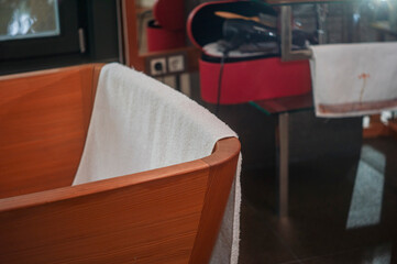 wooden bath and towel