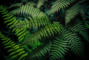 Close up of green ferns in a botanical garden is a great natural background for text or as wallpaper for a presentation of eco friendly products or for a digital composition. Generative AI