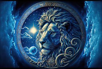 Blue sky, the astrology background for the sign of Leo, and a blue horoscope. Generative AI