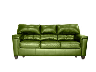 Olive leather sofa isolated. Loft furniture. Big olive leather couch on the white background