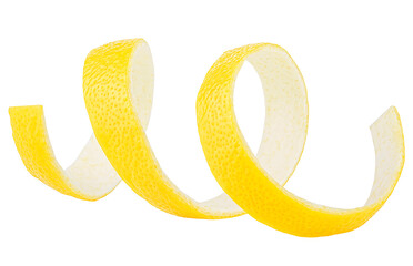 Fresh peel of ripe lemon fruit isolated on a white background. Spiral lemon zest. Healthy food.