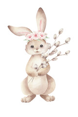 Watercolor Easter card with a rabbit in a wreath of flowers, which holds willow branches.