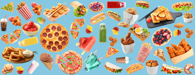 Collage of tasty fast food on blue background