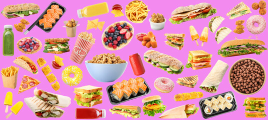 Collage of tasty fast food on color background
