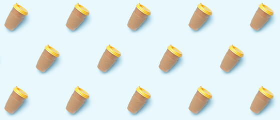 Many paper coffee cups on light background
