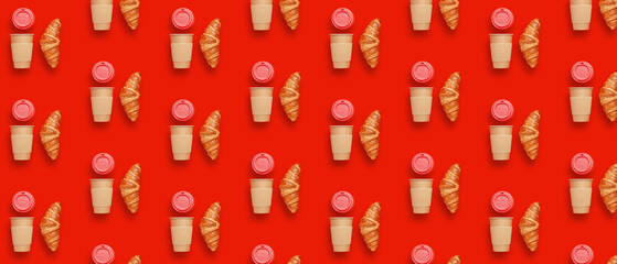 Many paper coffee cups with croissants on red background
