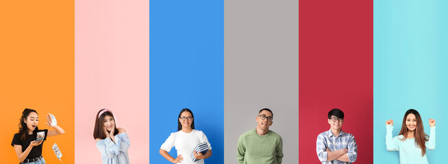 Set of different Asian people on colorful background