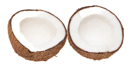 Cracked coconut nut isolated on white background.