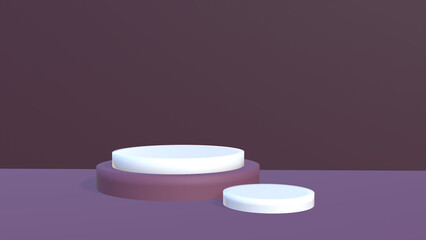3d render, abstract geometrical background with violet red translucent round glass. Modern minimal showcase mockup. Vacant pedestal, empty podium, stage platform for
