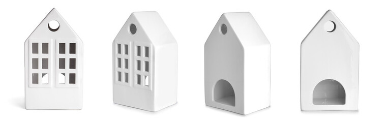 Collage of candle holder in shape of house on white background