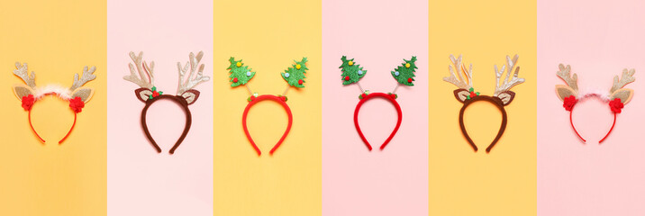Collection of stylish Christmas headbands on yellow and pink backgrounds