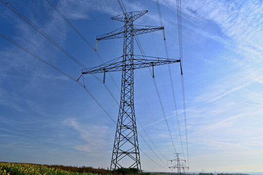 Towers of 400 kV power transmission line of the Czech transmission system.