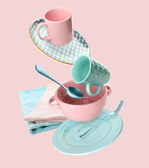 Flying clean dishes, napkins and cutlery on pink background