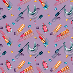 Decorative cosmetics watercolor seamless pattern on pink background.