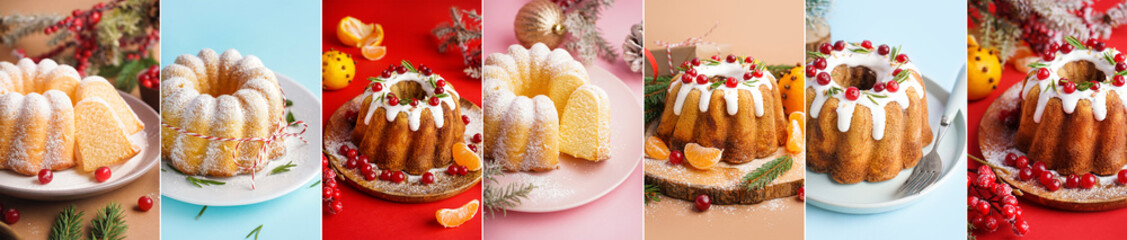 Collage with tasty homemade Christmas cakes