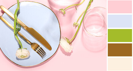 Beautiful table setting with ranunculus flowers on pink background. Different color patterns