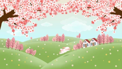 Gordijnen Spring landscape with sakura tree, hut and rabbit © Hong.W.Jean